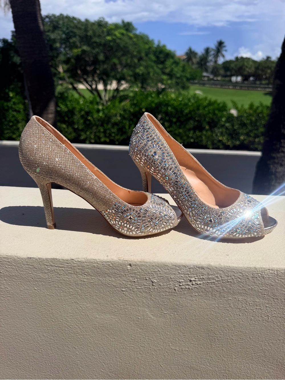 Lauren Lorraine Gold Crystal Peep-Toe Heels